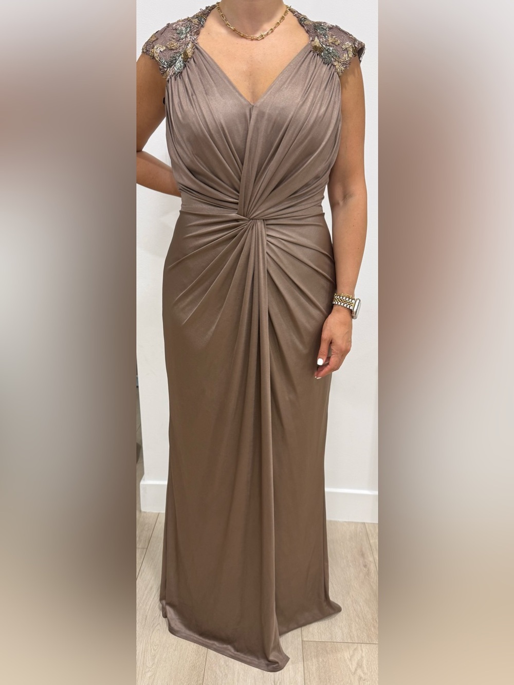 Tadashi Shoji Taupe Brown Twist-Front Maxi Dress